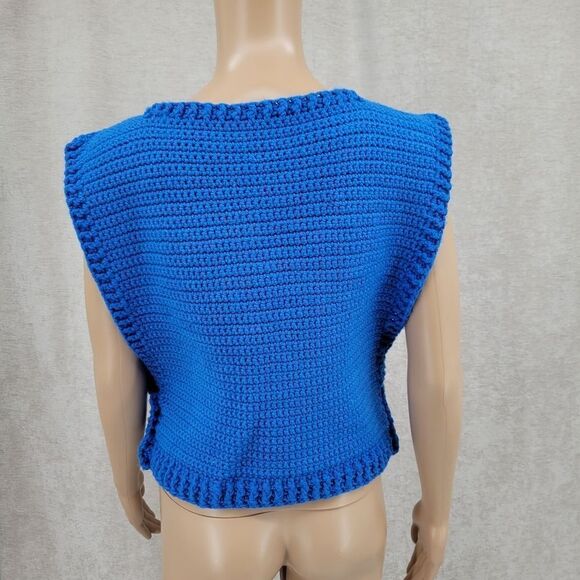 Vintage Hand Crochet Sweater Vest Side Button Details Blue with White X Pattern - Picture 3 of 5